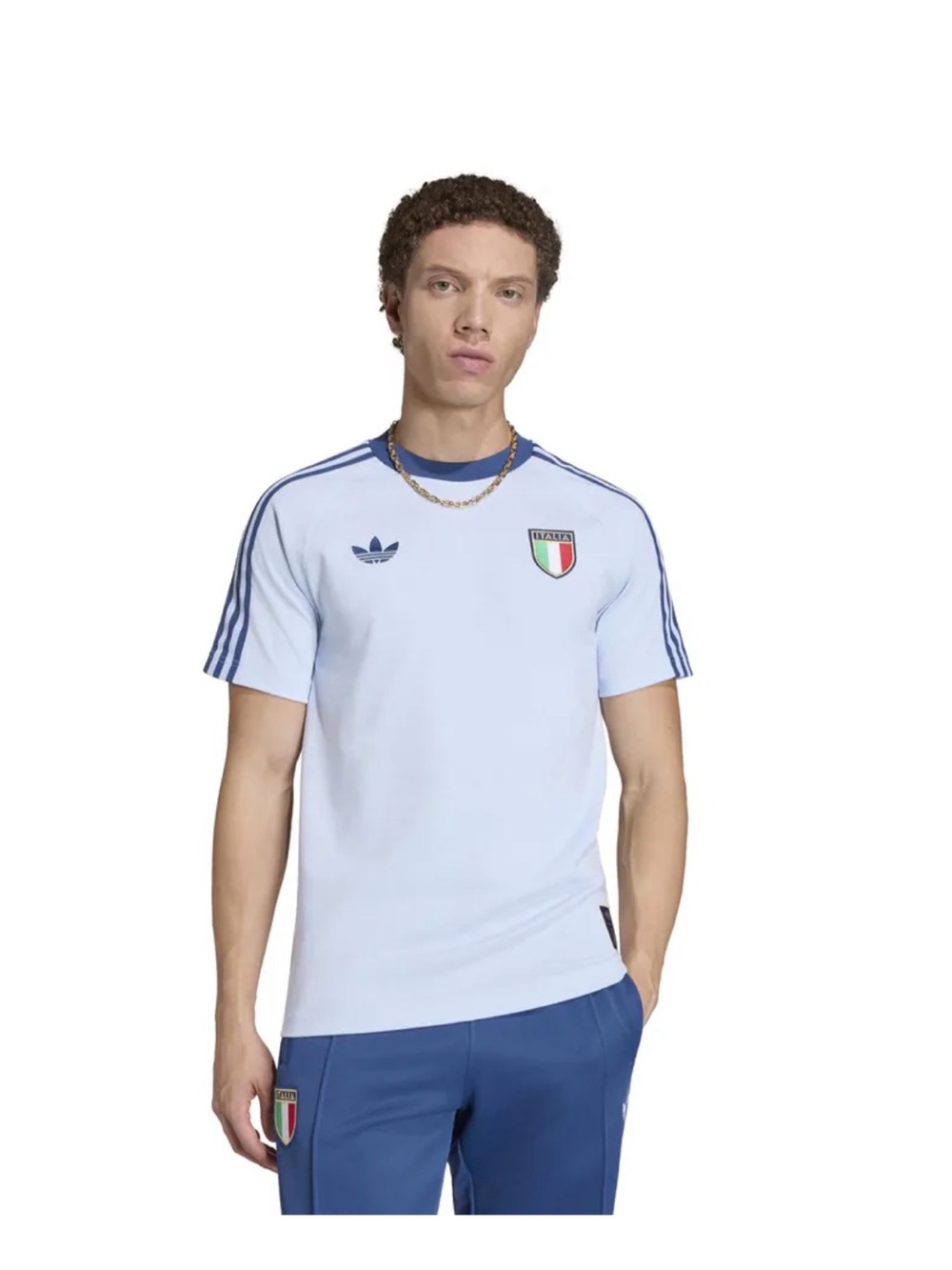 adidas Light Blue Italy Crest Short Sleeve Shirt with Navy Trim
